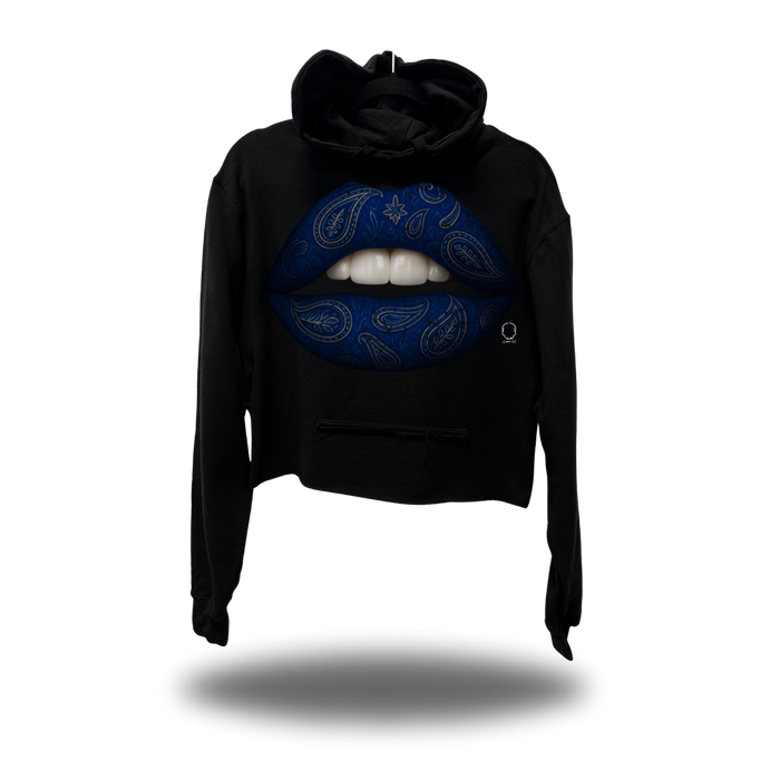 BLUE PAISLEY LIPS CROP HOODIE BLACK
