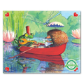 The Boat Ride | 36 Piece Jigsaw Puzzle by eeBoo features a frog with a stringed instrument and a hedgehog with a map in a red rowboat on a pond, surrounded by water lilies and a dragonfly.