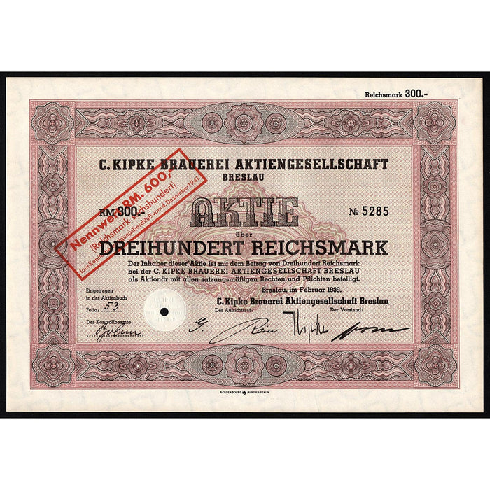 C. Kipke Brauerei Aktiengesellschaft Breslau 1939 Germany Stock Certificate