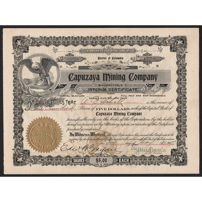 Capuzaya Mining Company 1907 District of Columia Stock Certificate