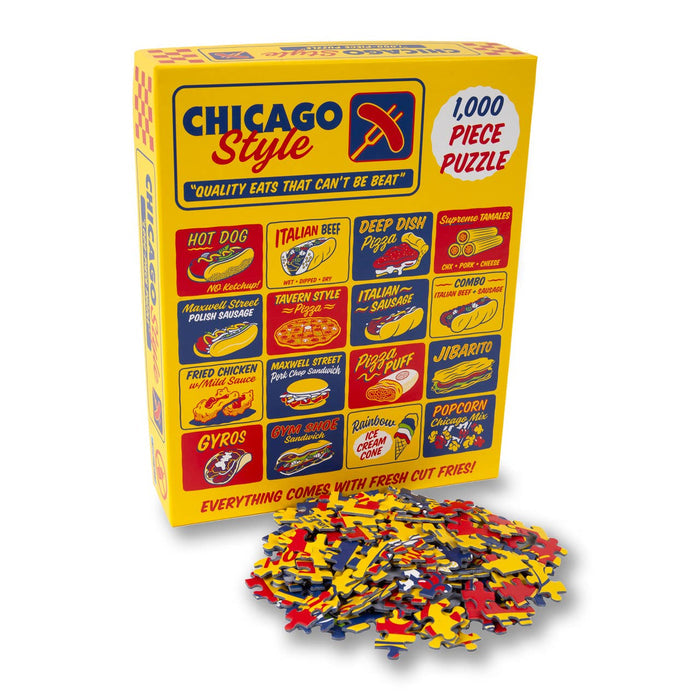 The Chicago Style Eats | 1,000 Piece Jigsaw Puzzle by Transit Tees features illustrated Chicago foods with scattered pieces, perfect for fans of Chicago street food and challenging puzzles.
