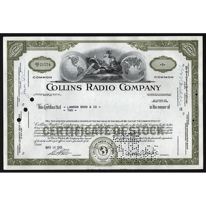 Collins Radio Company Stock Certificate