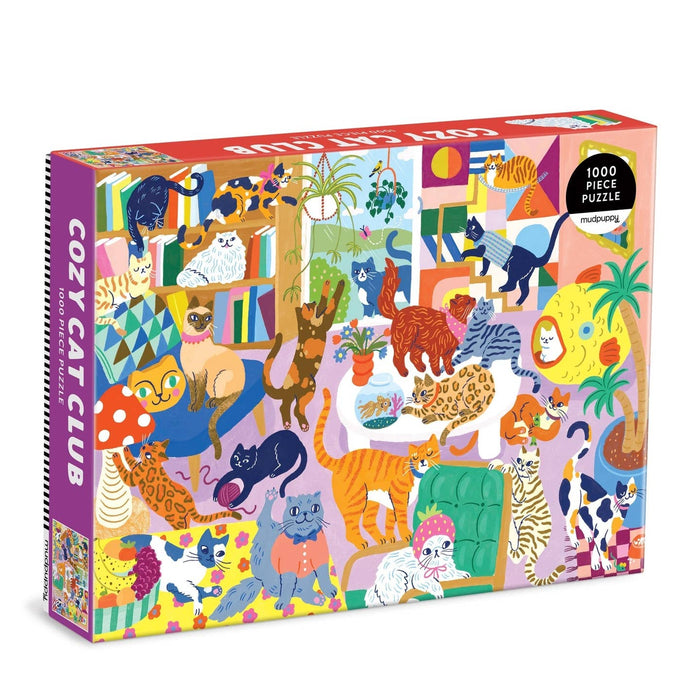 Mudpuppy’s Cozy Cat Club | 1000 Piece Jigsaw Puzzle showcases a lively indoor scene with playful and relaxed cats, perfect for family fun.