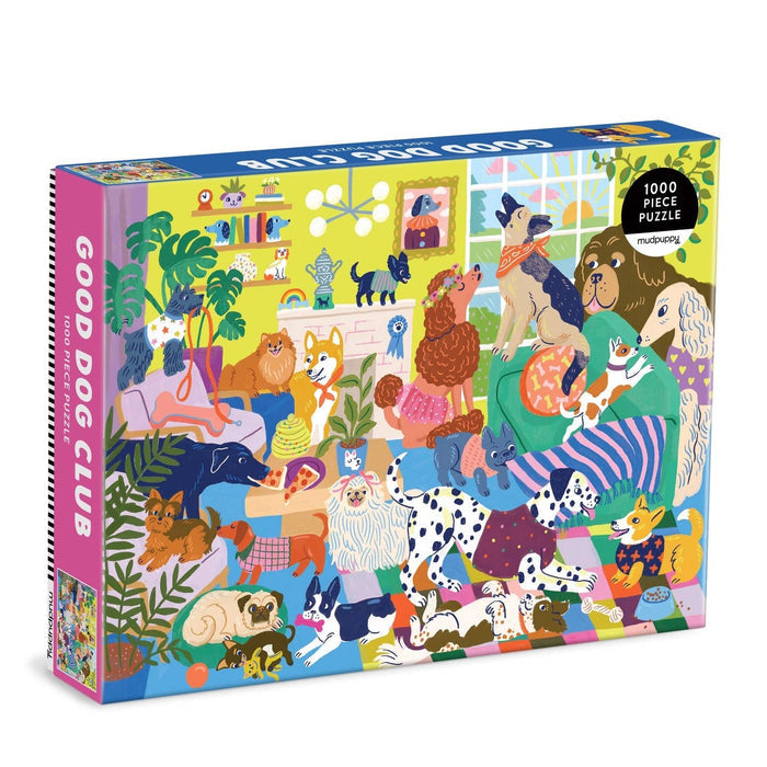 The Mudpuppy Good Dog Club | 1000 Piece Jigsaw Puzzle features a vibrant scene of various dog breeds in a lively living room—ideal for dog lovers and puzzle fans.