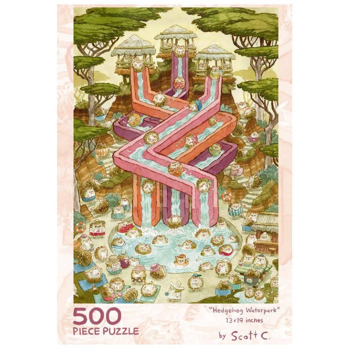 Hedgehog Waterpark | 500 Piece Jigsaw Puzzle by Scott C Shop features a whimsical scene of hedgehogs enjoying colorful water slides and pools.