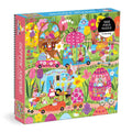 The Hoppin' Around 500 piece jigsaw puzzle by Mudpuppy features a lively outdoor scene of rabbits driving cars and riding bikes—a colorful, flower-filled family puzzle illustrated by Jenny Miriam, perfect for all ages.