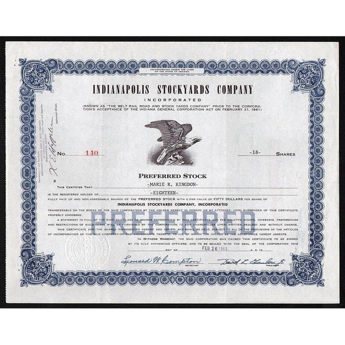 Indianapolis Stockyards Company, Incorporated Stock Certificate