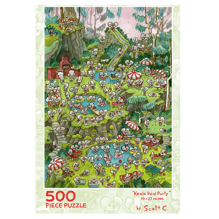 Enjoy adorable koalas, including a baby, swimming and relaxing in lush pools on this Scott C Shop "Koala Pool Party" 500 Piece Jigsaw Puzzle. The puzzle box features the playful scene and product name.