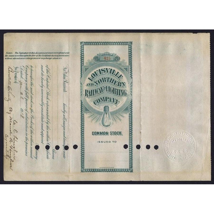 Louisville and Northern Railway and Lighting Company (Samuel Insull) Stock Certificate