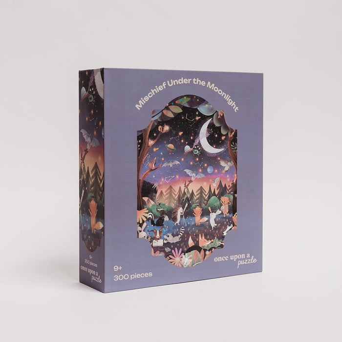 Once Upon A Puzzle’s Mischief Under the Moonlight | 300 Piece Jigsaw Puzzle showcases a charming nighttime forest scene with animals—perfect for relaxing evenings.