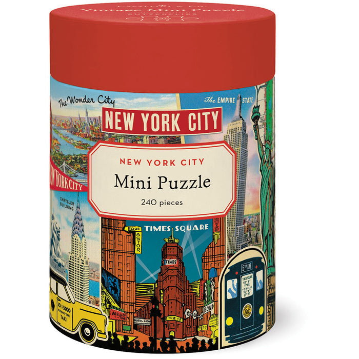 The Cavallini & Co. New York City 240 Piece Jigsaw Puzzle comes in a cylindrical box with vibrant archival illustrations, iconic NYC landmarks, and includes a biodegradable storage bag.