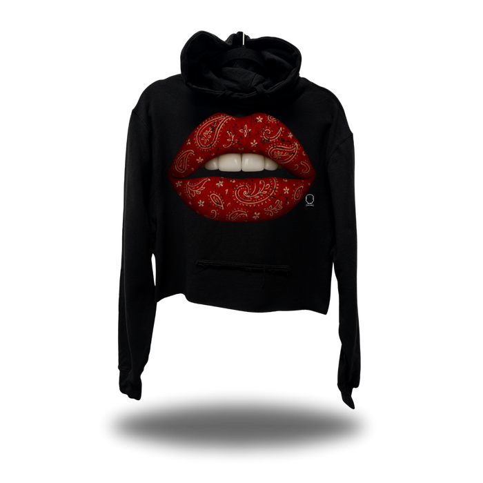 RED PAISLEY LIPS CROP HOODIE BLACK