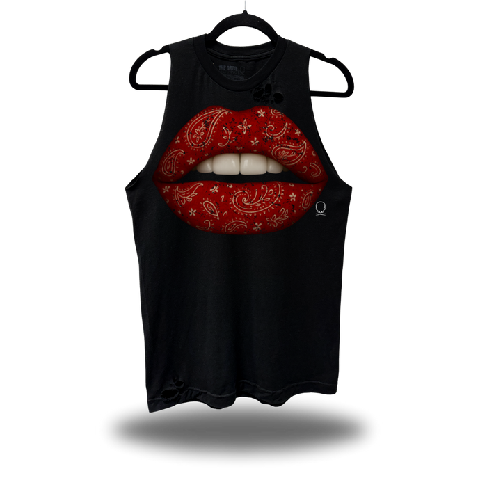 RED PAISLEY LIPS ROAD RASH TANK TOP
