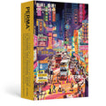 The Salute Hongkong 1000 Piece Jigsaw Puzzle by PERMA Puzzle features a vibrant neon-lit Hong Kong street scene with people, double-decker buses, and colorful signs—perfect for any puzzle lover.
