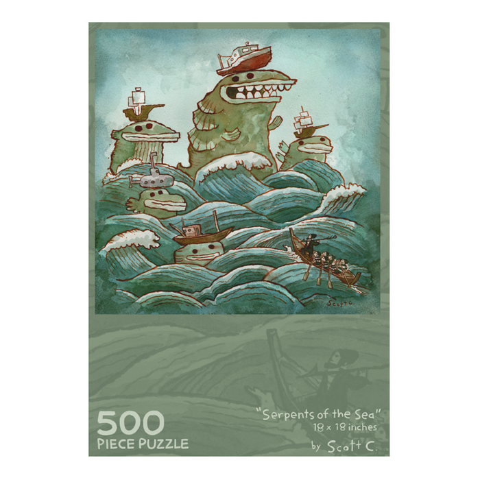 Serpents of the Sea | 500 Piece Jigsaw Puzzle by Scott C Shop features sea serpent creatures with ships on their heads amid waves, as a rowboat with people passes nearby.