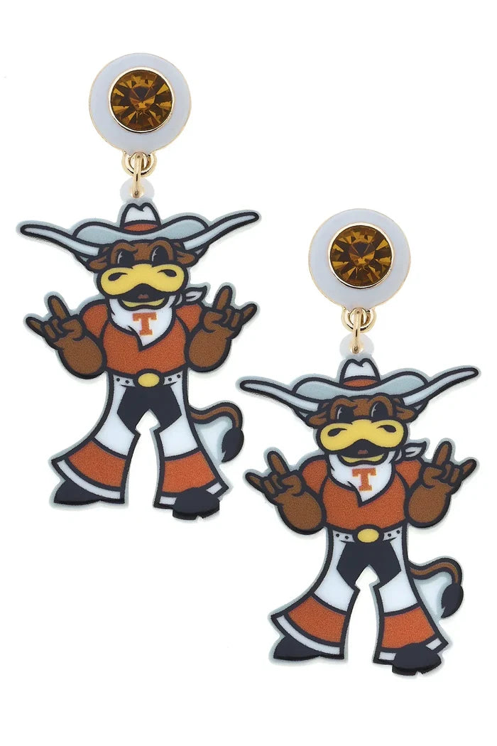 Texas Longhorns Bevo Resin Mascot Earrings in Burnt Orange/White