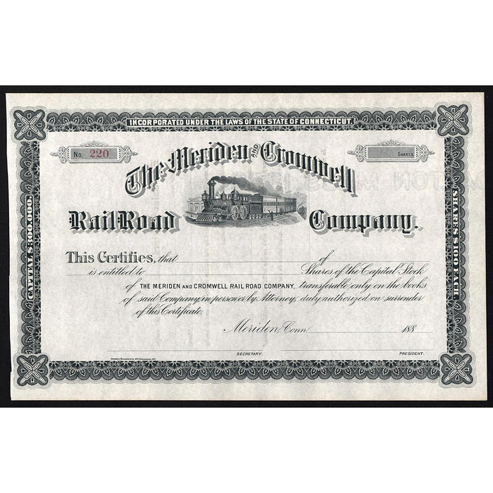 Historical stock certificate for the Meriden & Cromwell Railroad Company with decorative border and train illustration.