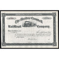 Historical stock certificate for the Meriden & Cromwell Railroad Company with decorative border and train illustration.