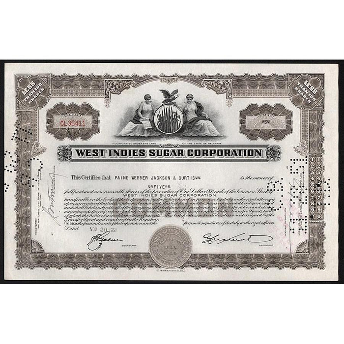 West Indies Sugar Corporation Stock Certificate