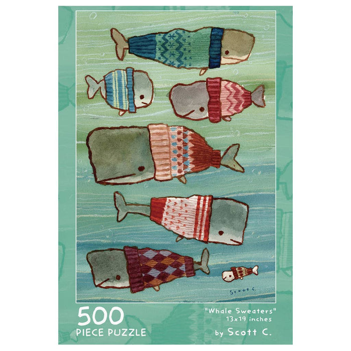 The Whale Sweaters | 500 Piece Jigsaw Puzzle from Scott C Shop features six whales in colorful sweaters against a greenish-blue water backdrop, with artwork by Scott C on the box.